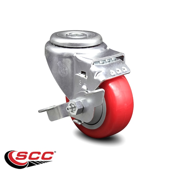 3.5 Inch Red Polyurethane Wheel Swivel Bolt Hole Caster with Brake SCC